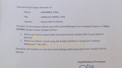 Dugaan Ijazah Palsu, Kepsek SDN 03 Marisa Ungkap Fendi Diange Tidak Terdaftar di Standbook